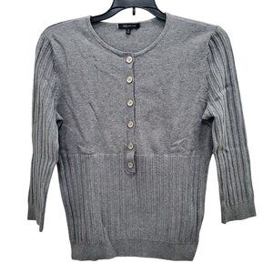 Anne Klein Gray Cotton Blend Ribbed Bottom 3/4 Sleeve Knit Sweater Pullover Sz M